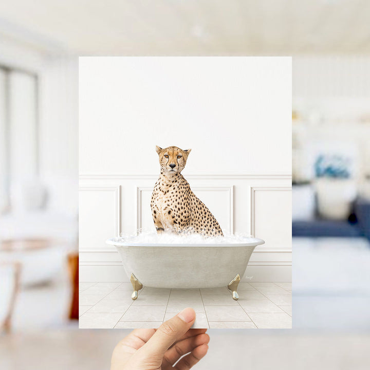 A cheetah sitting in a white bathtub filled with bubbles, as if enjoying a luxurious bath.