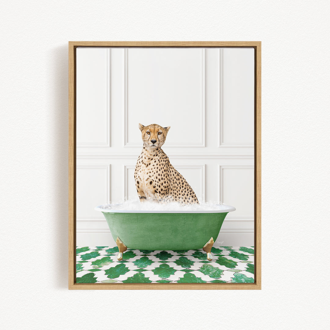 A cheetah sitting in a green bathtub filled with water, with a patterned green and white floor beneath it.