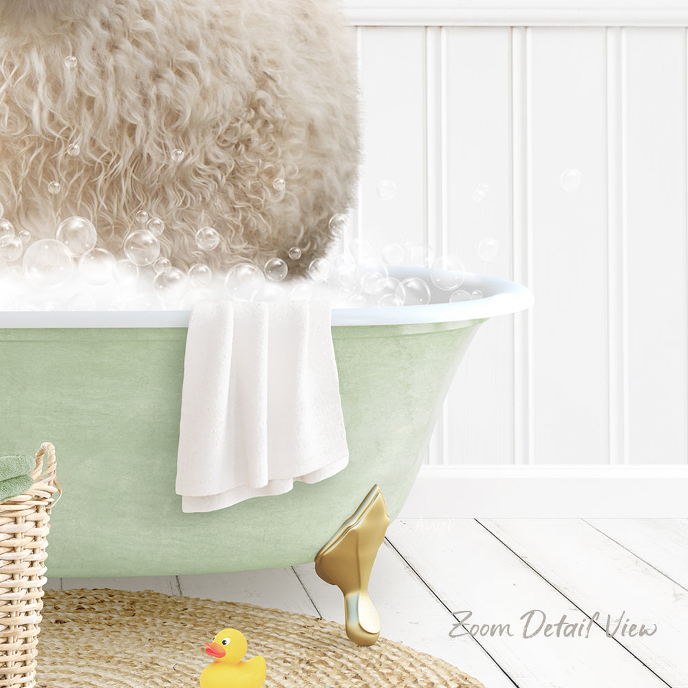 A fluffy white dog is sitting in a green bathtub filled with bubbles, surrounded by a yellow rubber duck and a white towel.