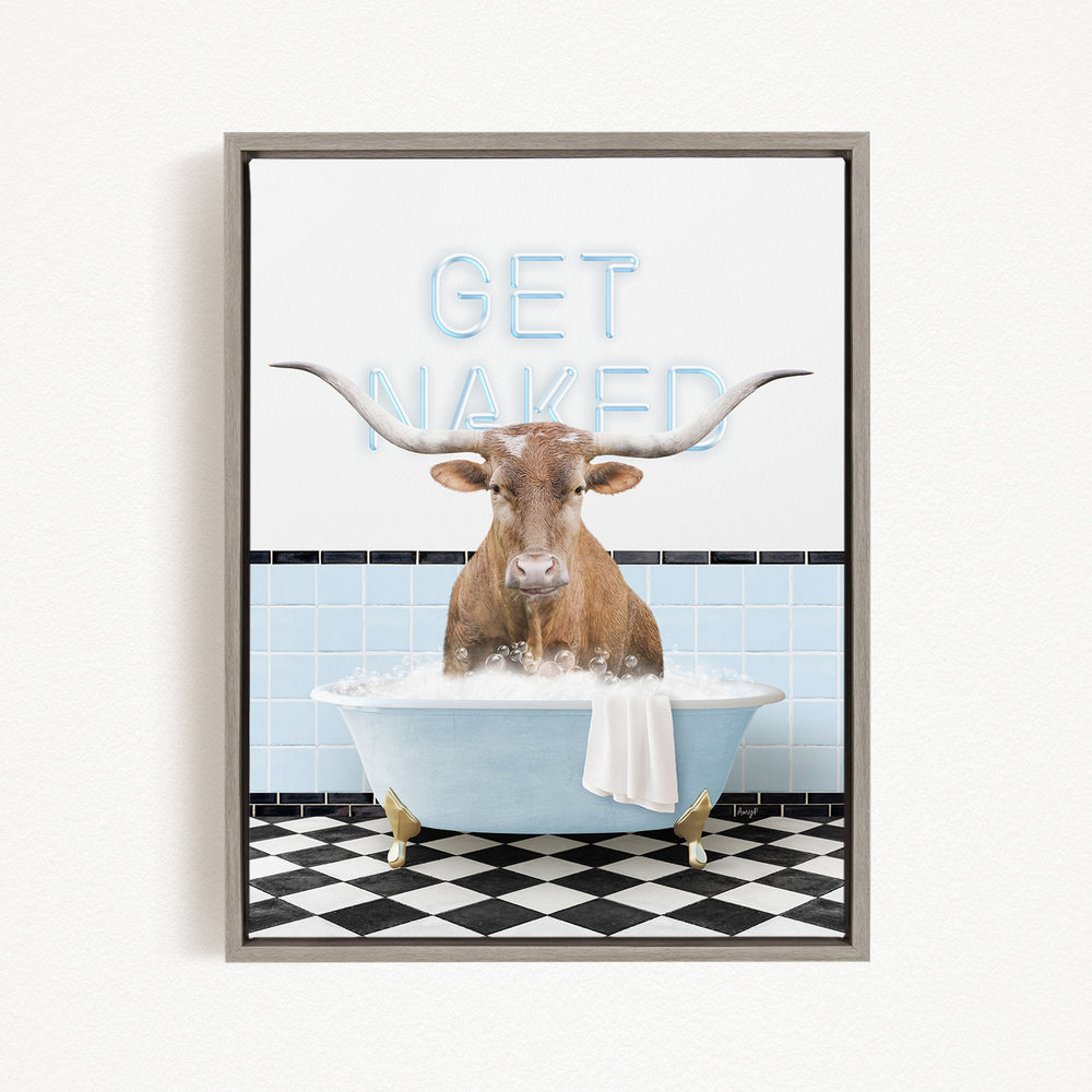 A bull with large horns is sitting in a bathtub filled with water, with the words "GET NAKED" written above it.
