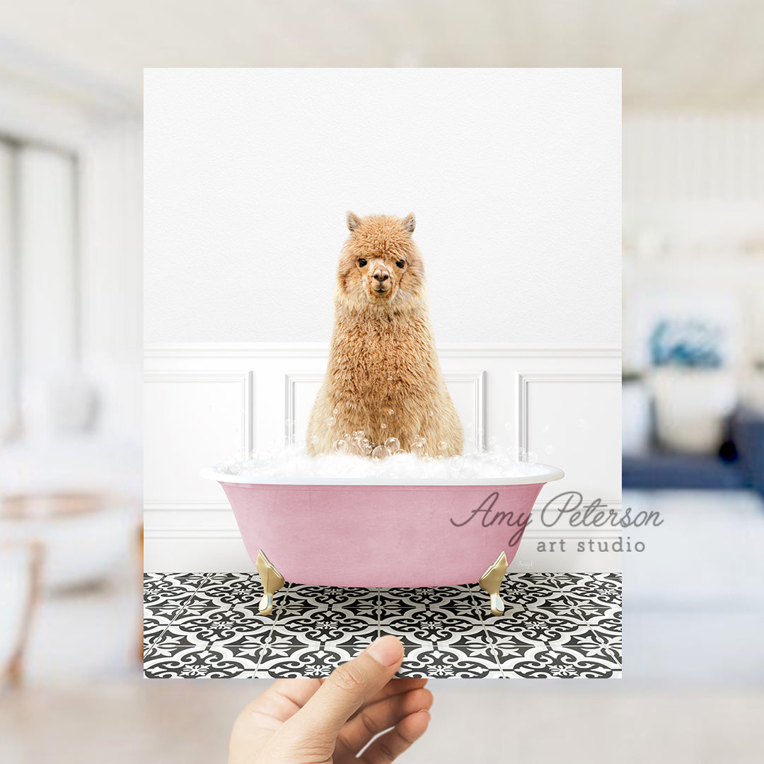 a person holding a card with a dog in a bathtub