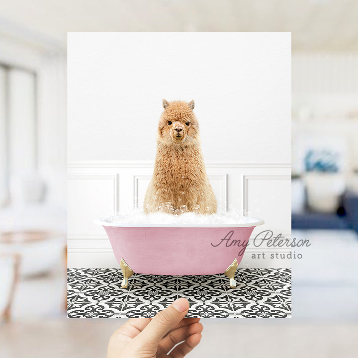 a person holding a card with a dog in a bathtub