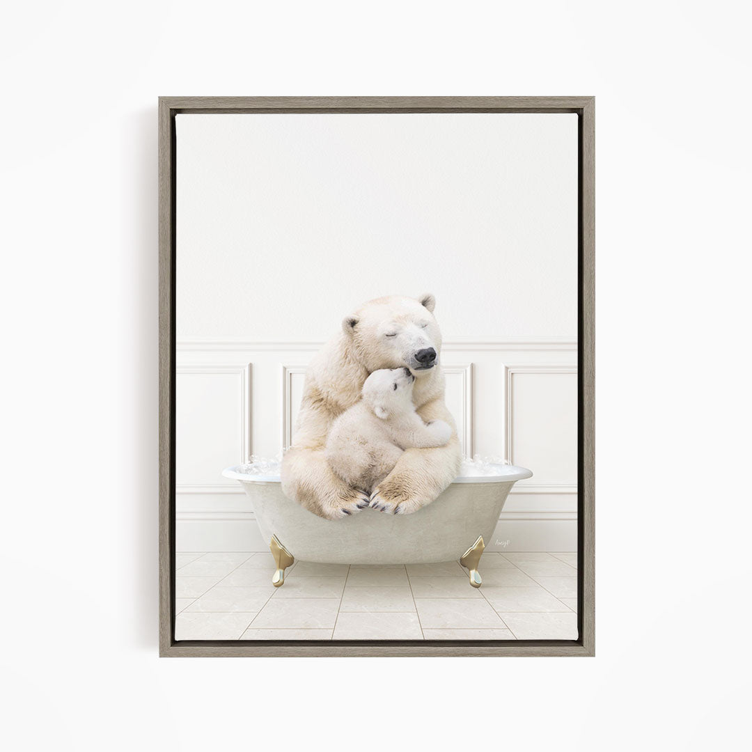 A polar bear sitting in a bathtub, with its head resting on a baby polar bear, creating a heartwarming scene.