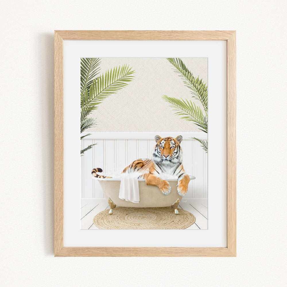 A tiger is sitting in a bathtub filled with water, surrounded by palm leaves, creating a whimsical and playful scene.