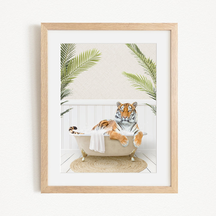 A tiger is sitting in a bathtub filled with water, surrounded by palm leaves, creating a whimsical and playful scene.