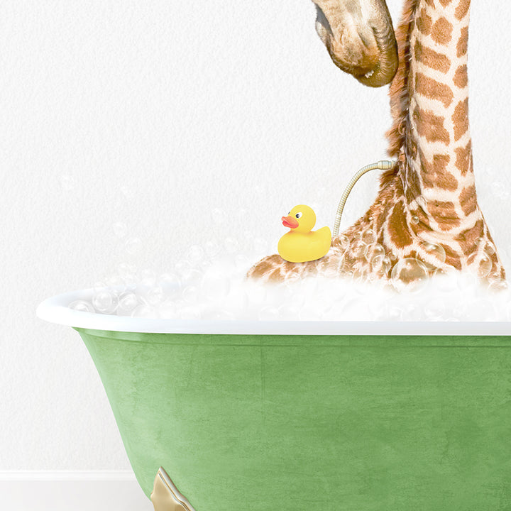 a giraffe and a rubber duck in a bathtub