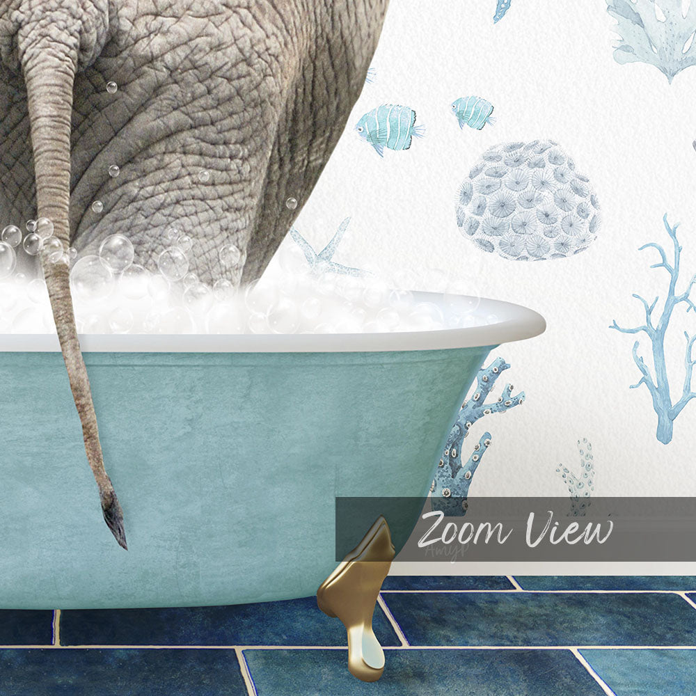 A large elephant is taking a bath in a blue bathtub, surrounded by bubbles and decorated with marine life.