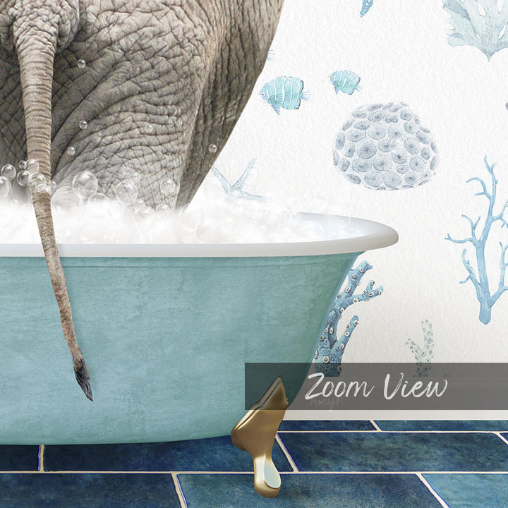 A large elephant is taking a bath in a blue bathtub, surrounded by bubbles and decorated with marine life.