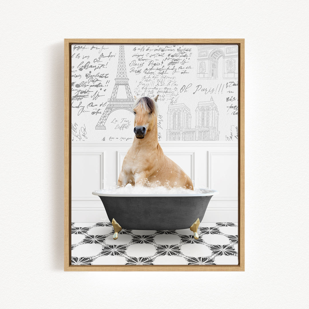 A horse sitting in a bathtub filled with bubbles, surrounded by a Paris-themed background with the Eiffel Tower and other landmarks.