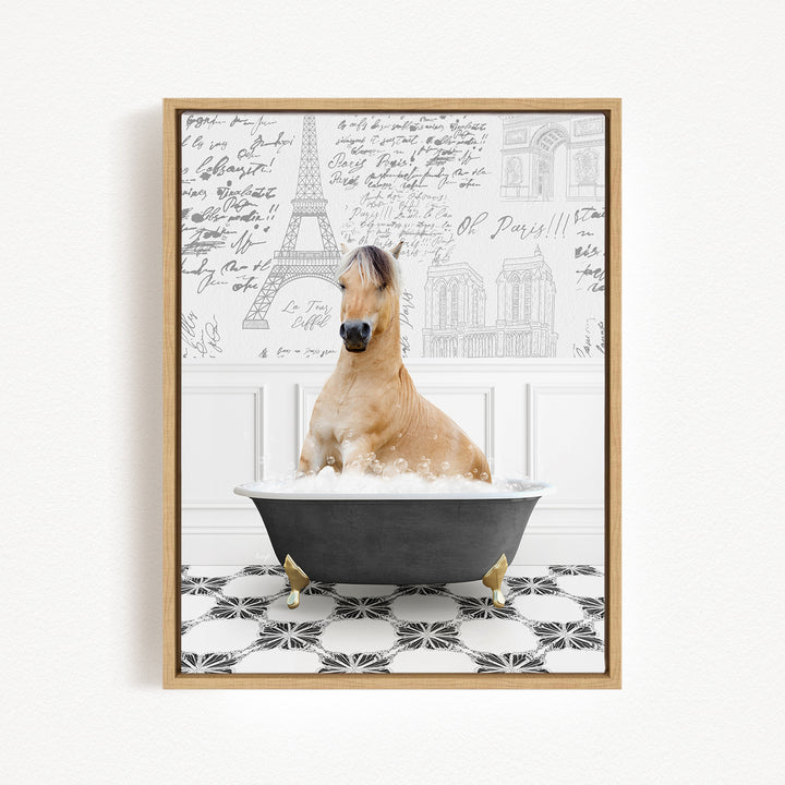 A horse sitting in a bathtub filled with bubbles, surrounded by a Paris-themed background with the Eiffel Tower and other landmarks.