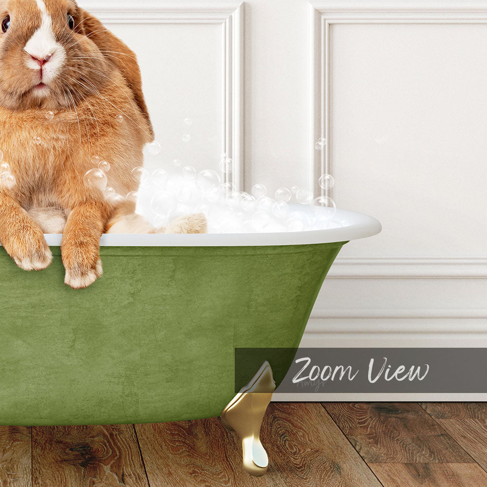 A rabbit sitting in a green bathtub filled with bubbles, with a white wall in the background.