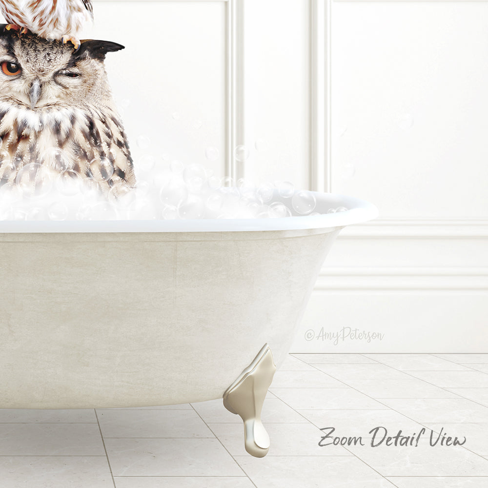 A close-up of an owl sitting in a bathtub filled with bubbles, with a white wall and tiled floor in the background.