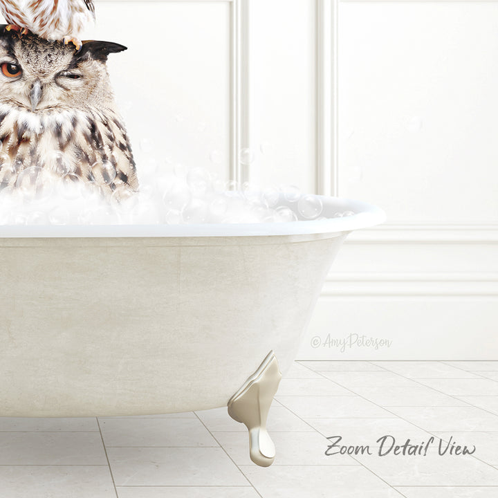 A close-up of an owl sitting in a bathtub filled with bubbles, with a white wall and tiled floor in the background.