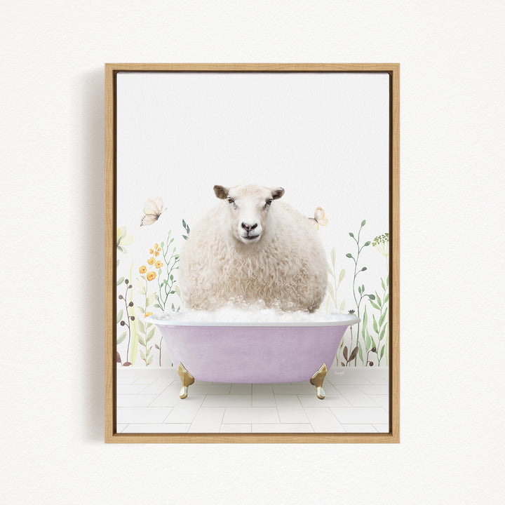 A fluffy white sheep sits in a pink bathtub, surrounded by flowers and plants, creating a whimsical and charming scene.