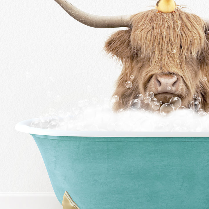 a bull with horns is sitting in a bubble bath