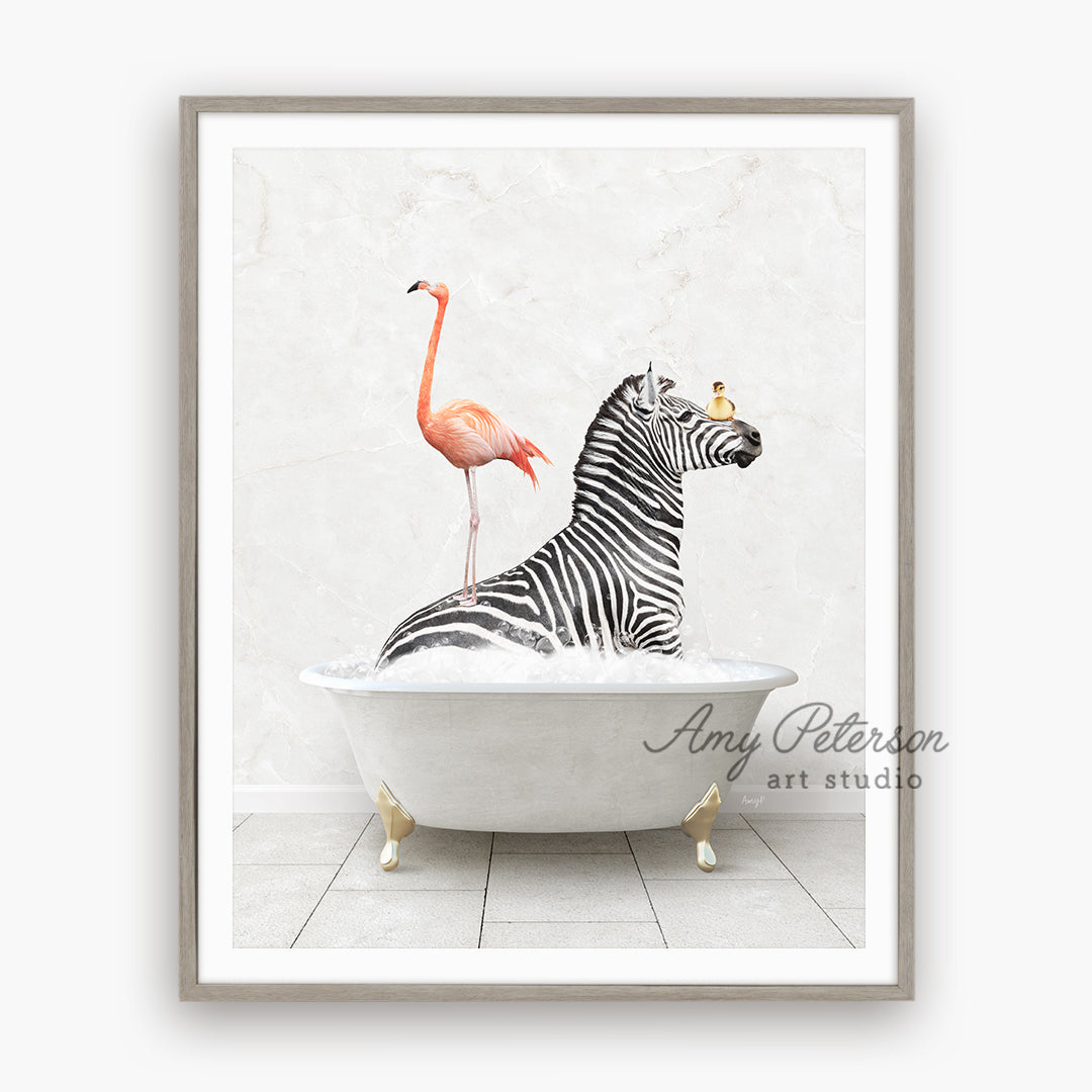 a picture of a zebra and a flamingo in a bathtub