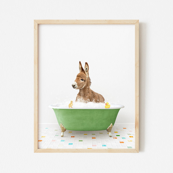 a dog is taking a bath in a green tub