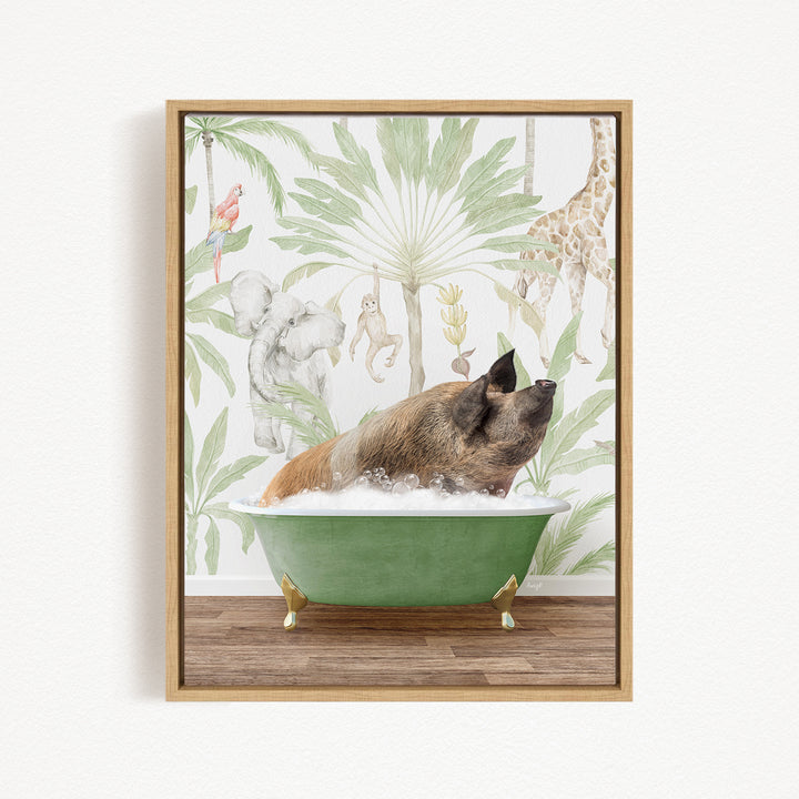A pig is sitting in a green bathtub filled with water, surrounded by various animals such as a giraffe, parrot, and monkey, all set against a tropical wallpaper backdrop.