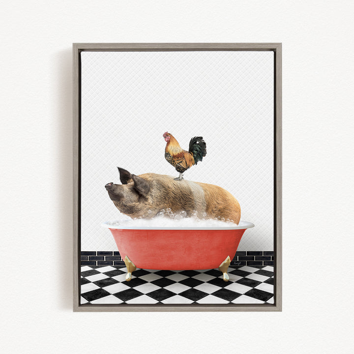 A rooster sits atop a pig in a red bathtub, both appearing to enjoy a relaxing bath together.