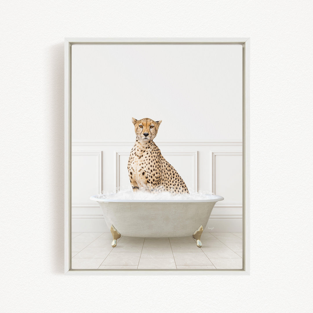 A cheetah sitting in a white bathtub filled with water, looking directly at the camera.