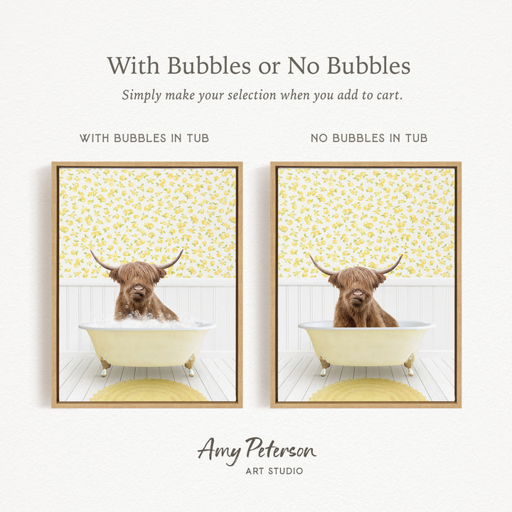 The image is a collage of two pictures featuring a bull with long horns sitting in a bathtub. The bull is surrounded by bubbles, creating a playful and whimsical scene. The collage is titled "With Bubbles or No Bubbles" and is created by Amy Peterson from Art Studio.