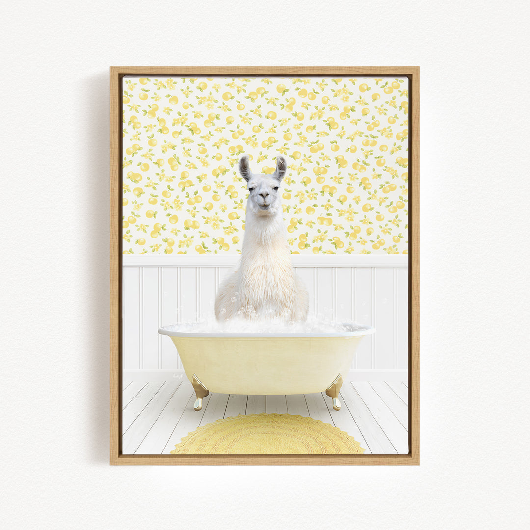 A white llama sitting in a yellow bathtub filled with bubbles, surrounded by a yellow floral patterned wall.