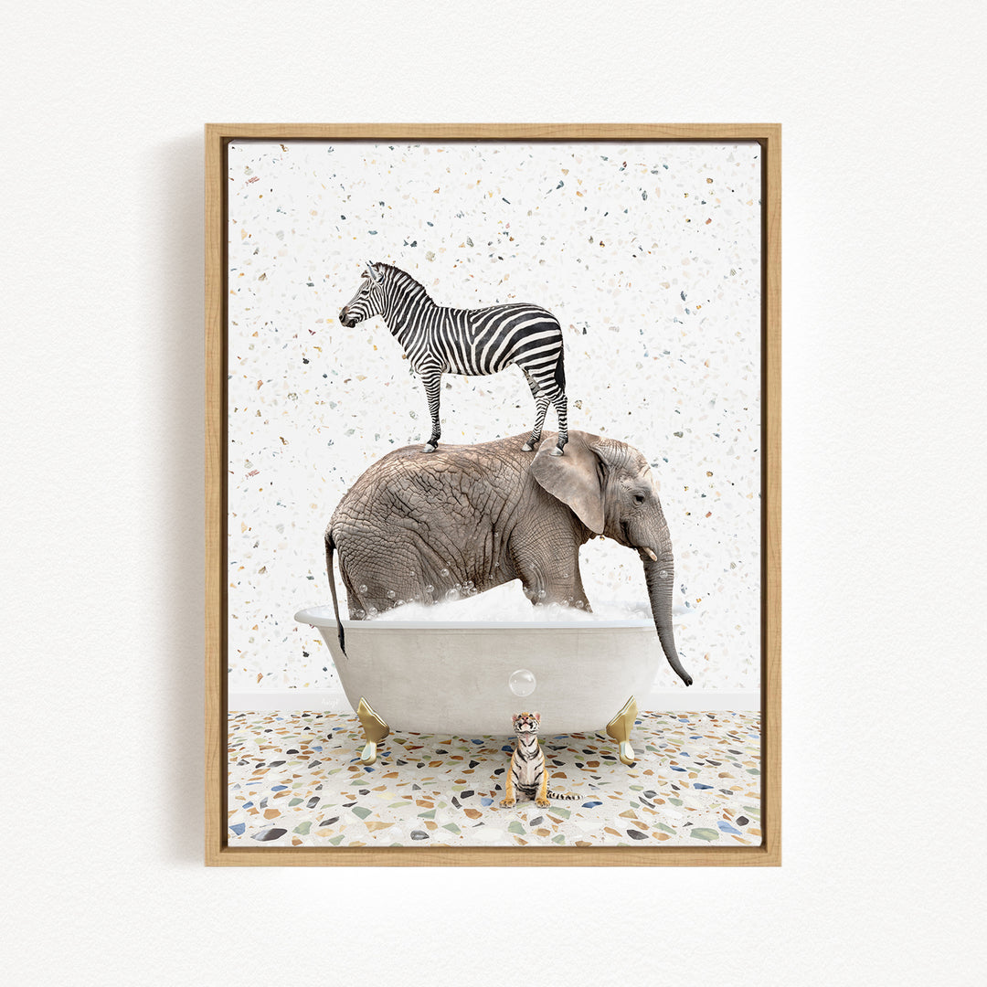 A zebra stands on the back of an elephant, which is submerged in a bathtub, with a tiger sitting nearby.