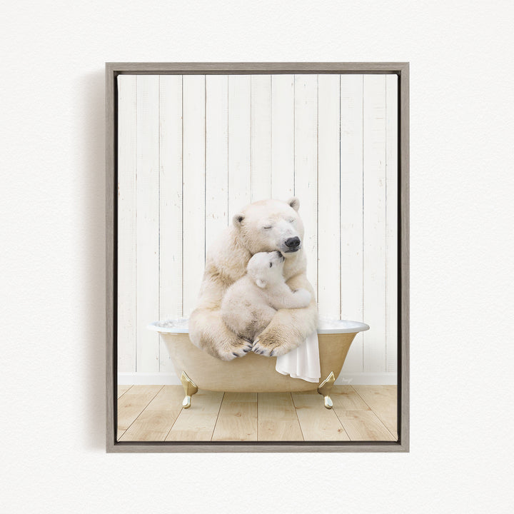 A mother polar bear and her cub cuddling in a bathtub against a white wooden wall.