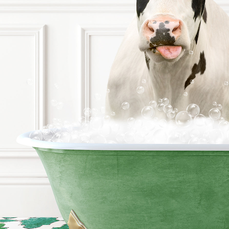 a cow sticking its head out of a bathtub filled with bubbles