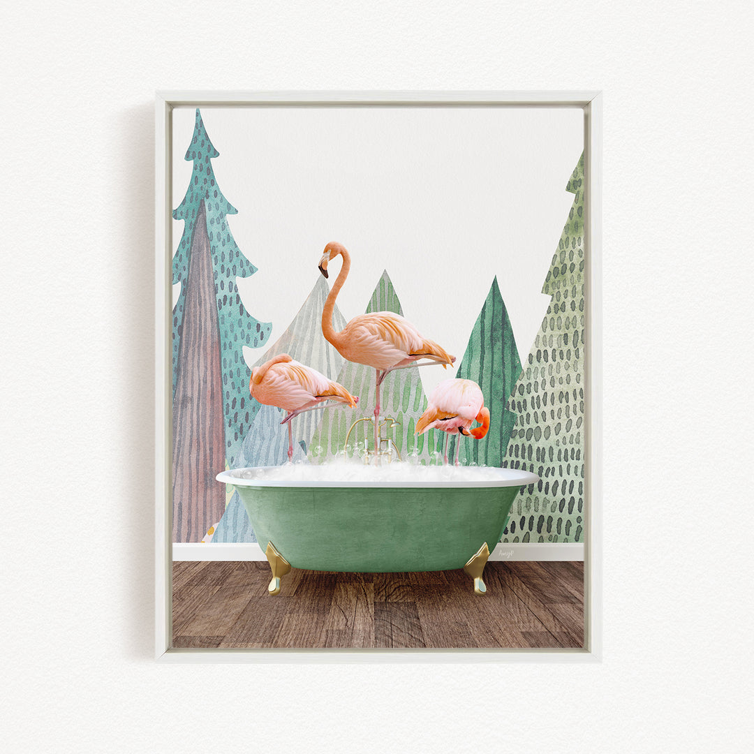 A framed image depicting three pink flamingos standing in a green bathtub, with a forest-themed background.