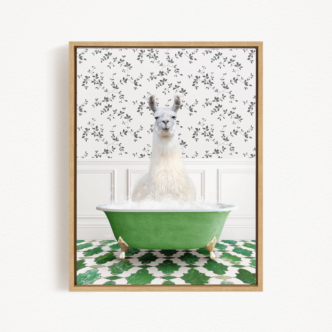 A white llama sitting in a green bathtub filled with bubbles, surrounded by a patterned green and white rug.