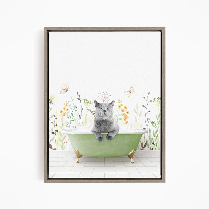 A gray cat sitting in a green bathtub, surrounded by flowers and butterflies, creating a whimsical and serene scene.