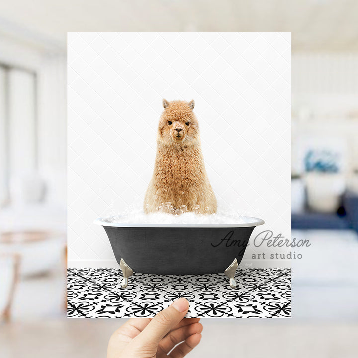 a person holding up a card with a dog in a bathtub