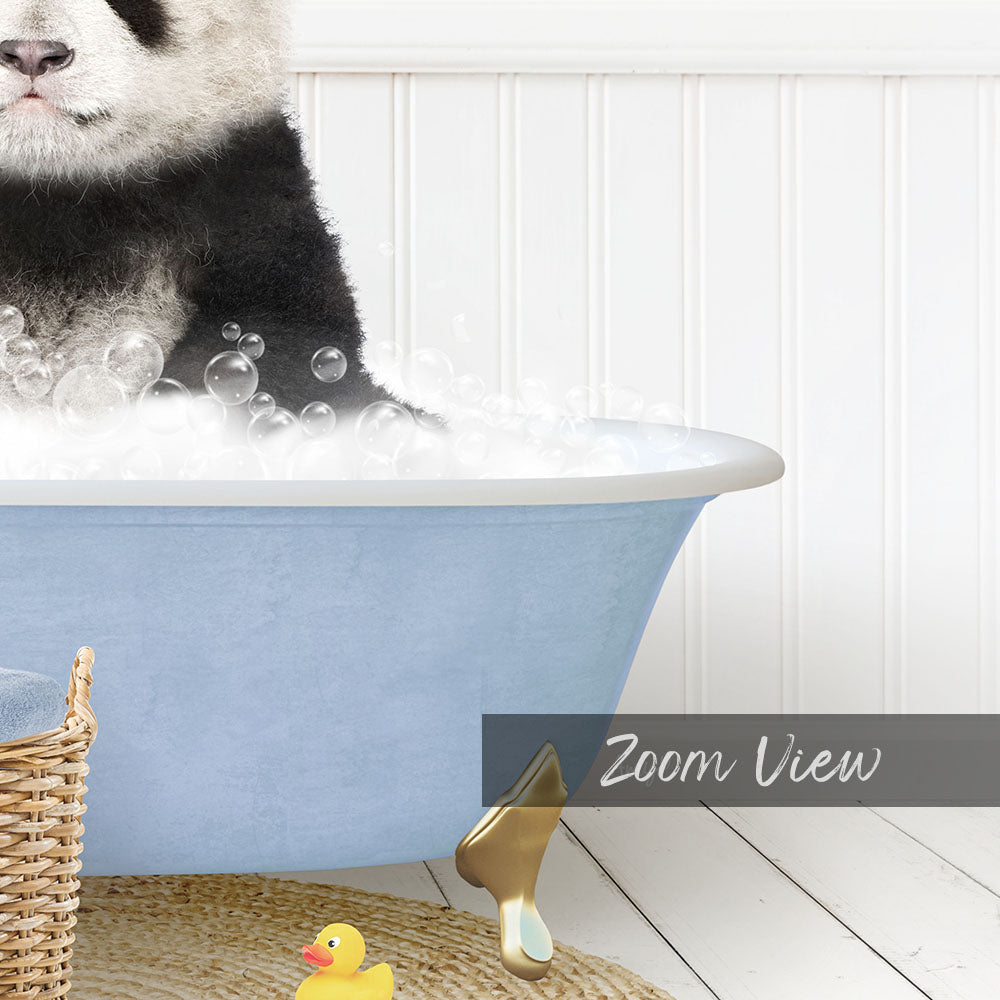 A panda sitting in a blue bathtub filled with bubbles, surrounded by rubber ducks and a basket.
