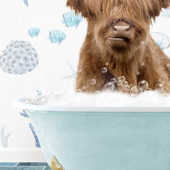 a brown dog sitting in a bathtub filled with bubbles