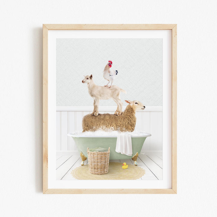 A framed image depicting a sheep standing on a tub filled with water, with a chicken perched on top of it, and a lamb sitting on the edge of the tub.
