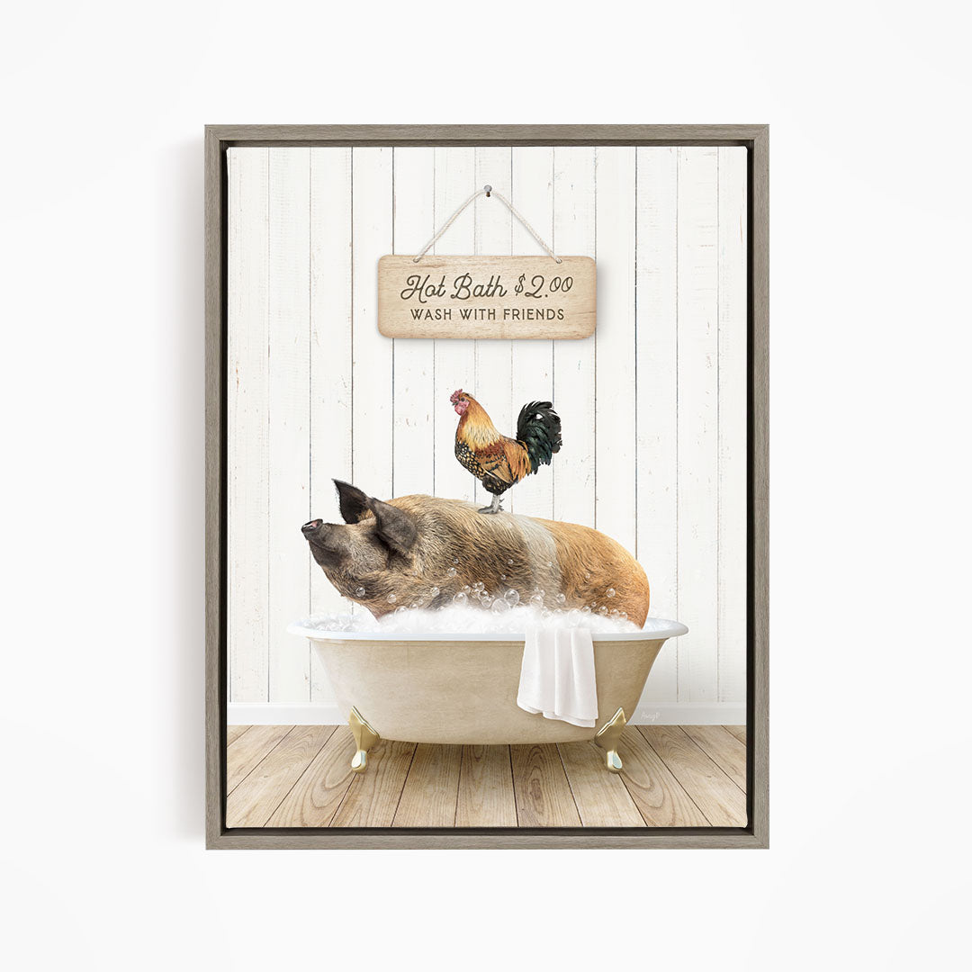 A wooden sign with the text "Hot Bath $2.00 WASH WITH FRIENDS" hangs on a white wooden wall, with a rooster perched on a pig lying in a bathtub filled with bubbles.