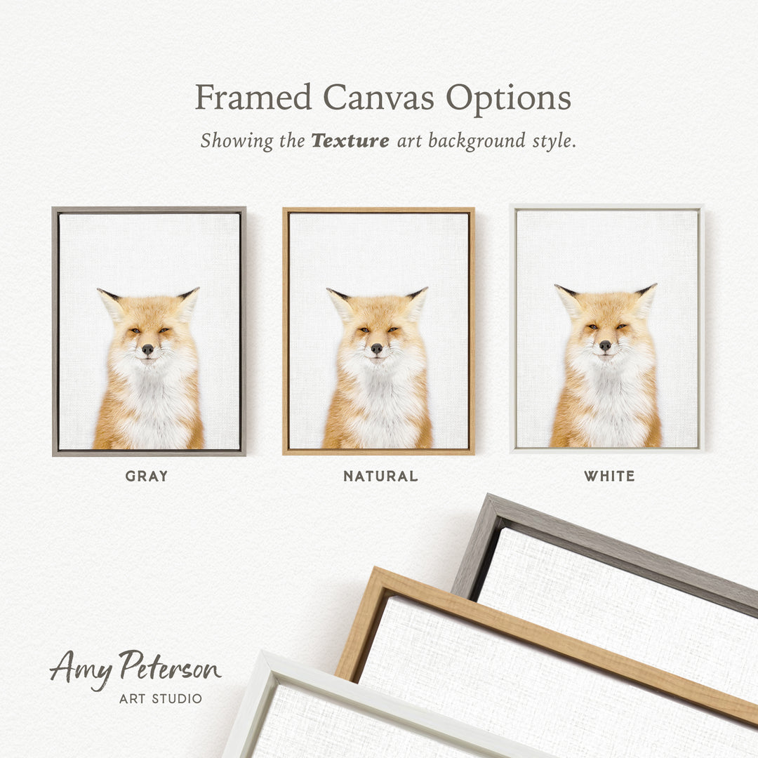 three framed canvas options, each featuring a close-up of a fox's face in different color schemes. The options are labeled as "Grays," "Natural," and "White," indicating the color of the frames.