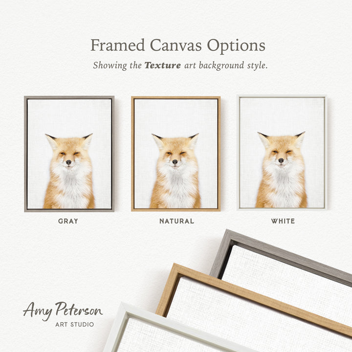 three framed canvas options, each featuring a close-up of a fox's face in different color schemes. The options are labeled as "Grays," "Natural," and "White," indicating the color of the frames.