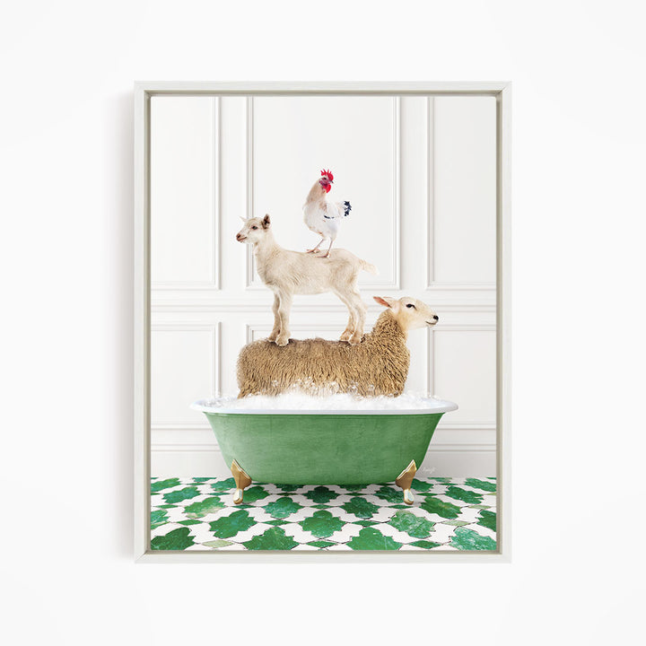 A white goat stands on top of a brown sheep in a green bathtub, with a rooster perched on the sheep's back.