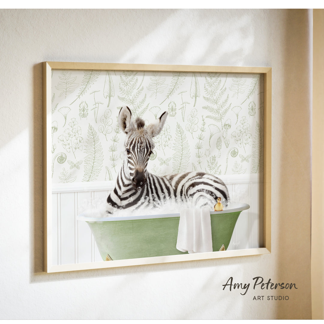 A zebra is sitting in a green bathtub, surrounded by a white towel and a yellow rubber duck, in a framed image on a wall.