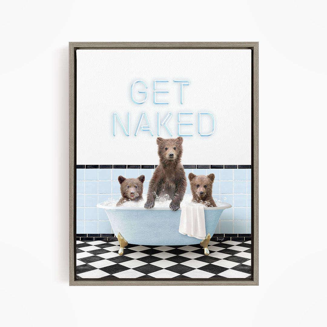 A framed image depicting three bears sitting in a bathtub, with the text "GET NAKED" displayed above them.