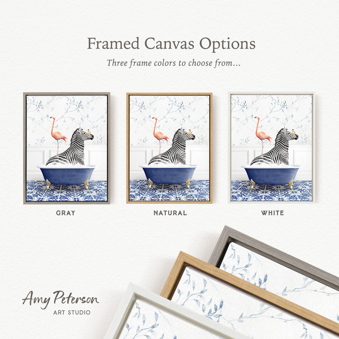 The image is a framed canvas option showcasing three different framed canvas options for a painting of a zebra sitting in a bathtub with a flamingo.
