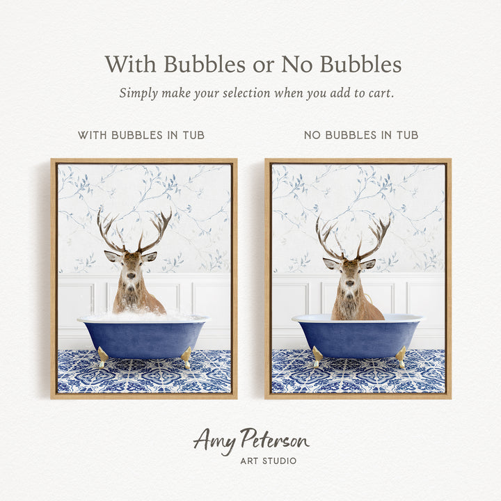 The image is a collage of two framed pictures, each depicting a deer in a bathtub. The deer in the bathtub has antlers and is surrounded by bubbles, while the other deer is without bubbles. The collage is titled "With Bubbles or No Bubbles" and is created by Amy Peterson from Art Studio.