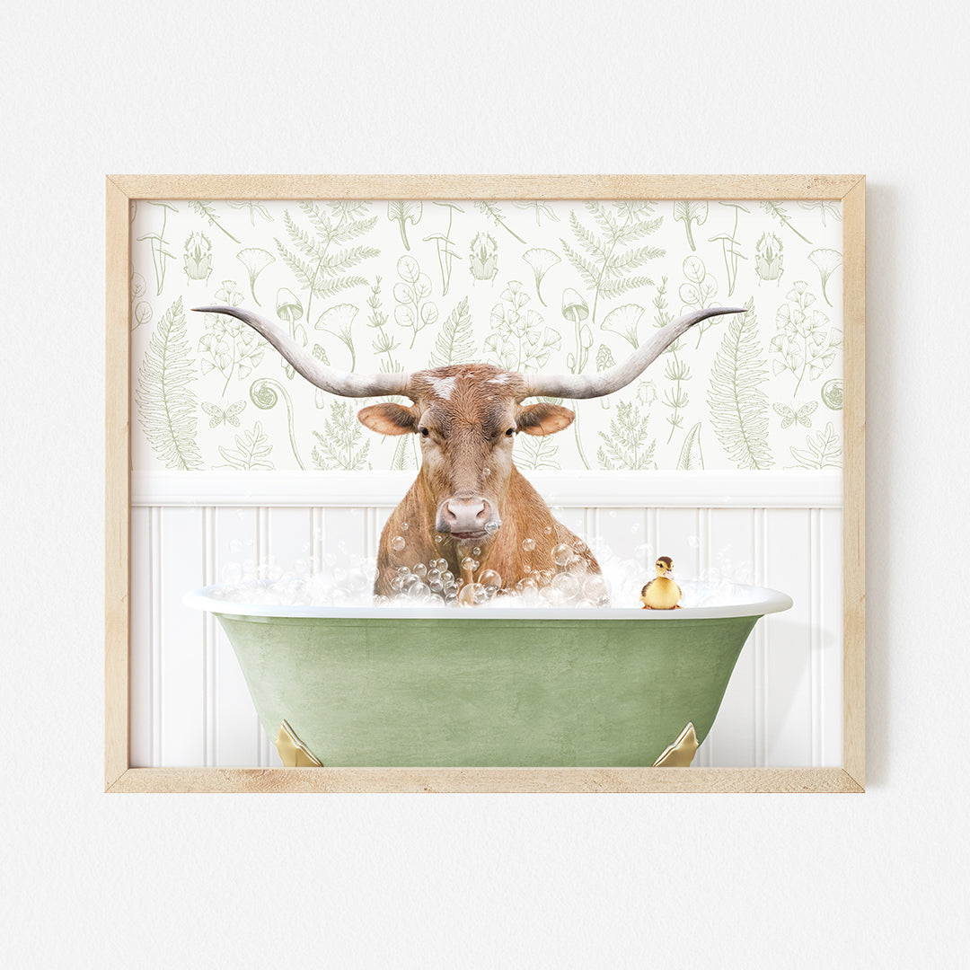 a picture of a bull in a bathtub with a bottle