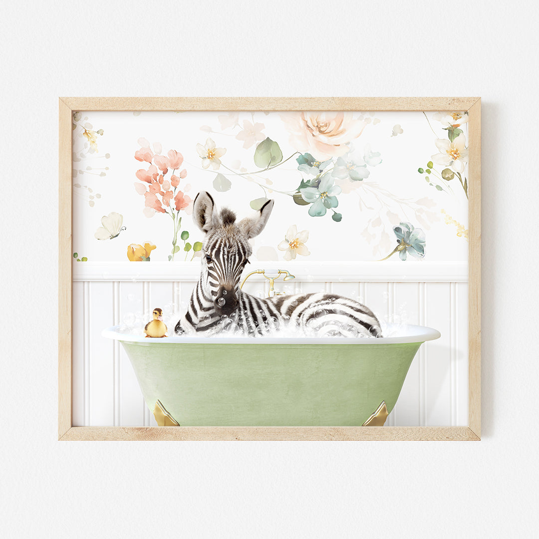 a zebra laying in a green bath tub