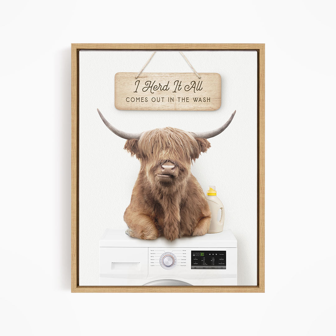 A framed image depicting a Highland cow sitting on a washing machine, with a sign above it that reads "I Herd It All Comes out in the Wash".