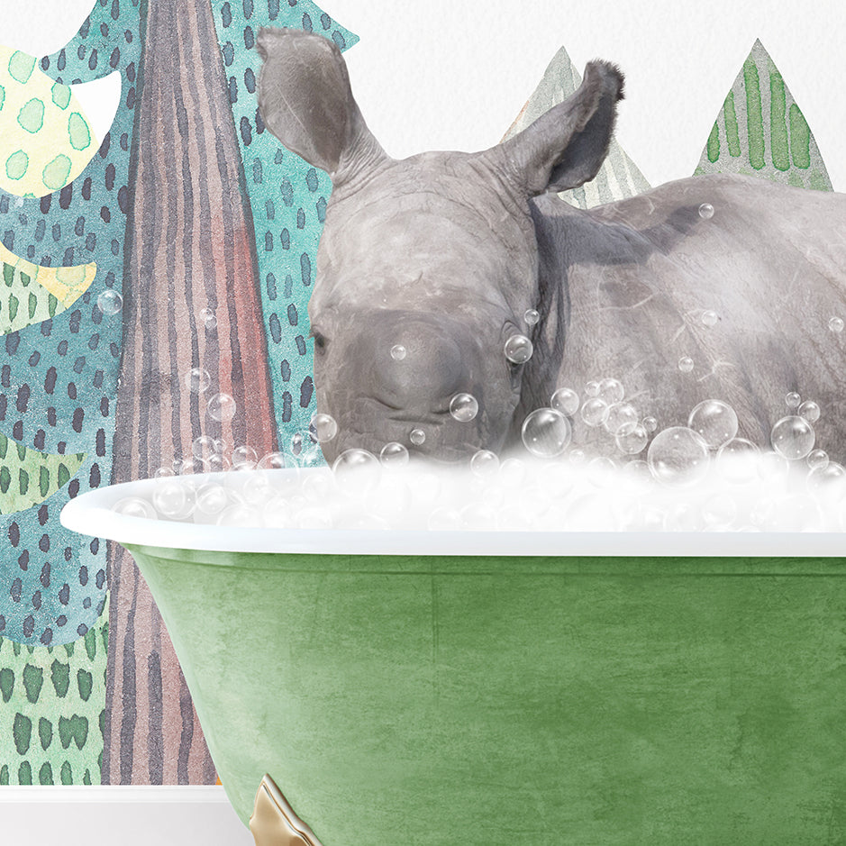 a rhino is taking a bath in a green bowl