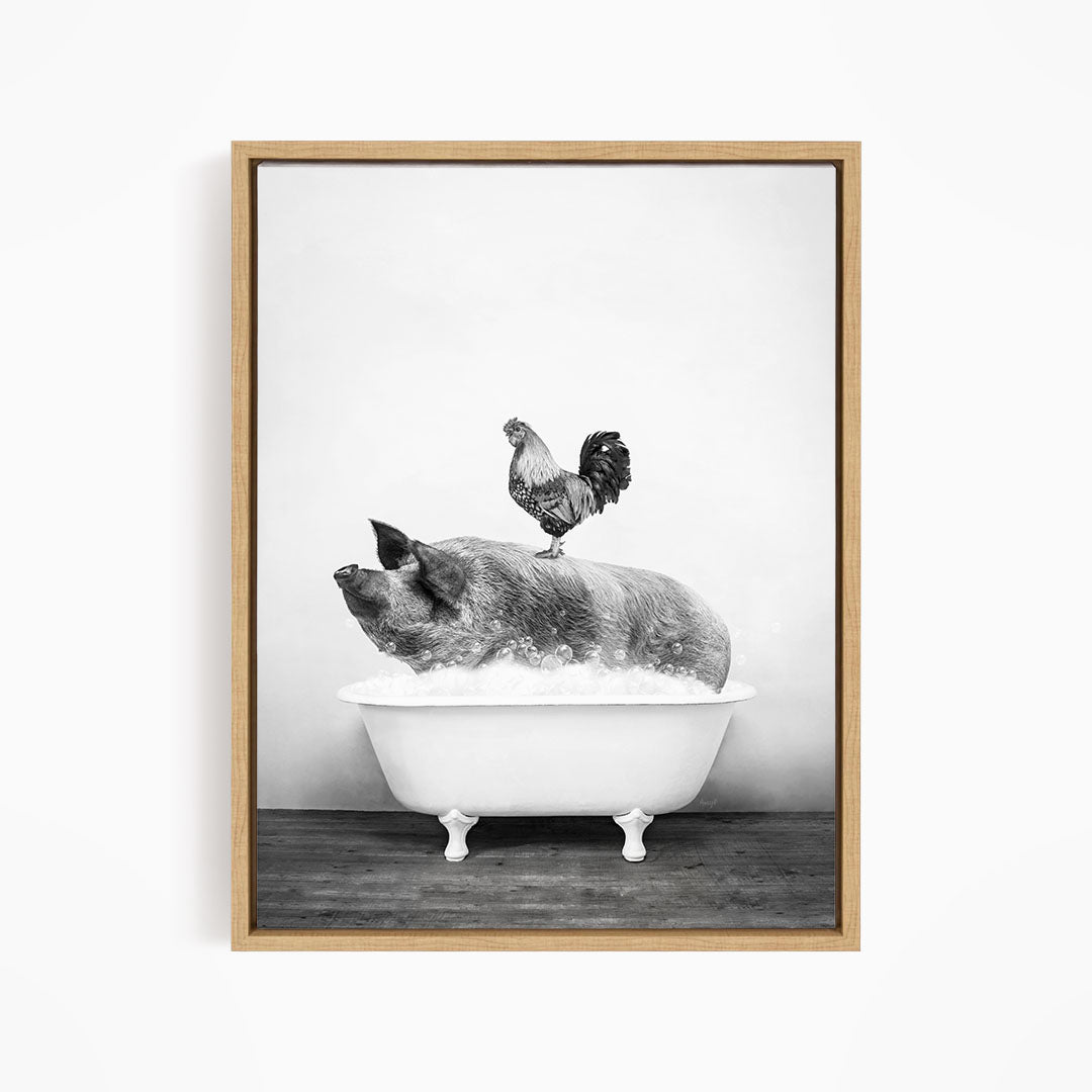 A rooster stands on a pig's back while the pig is submerged in a bathtub filled with water.