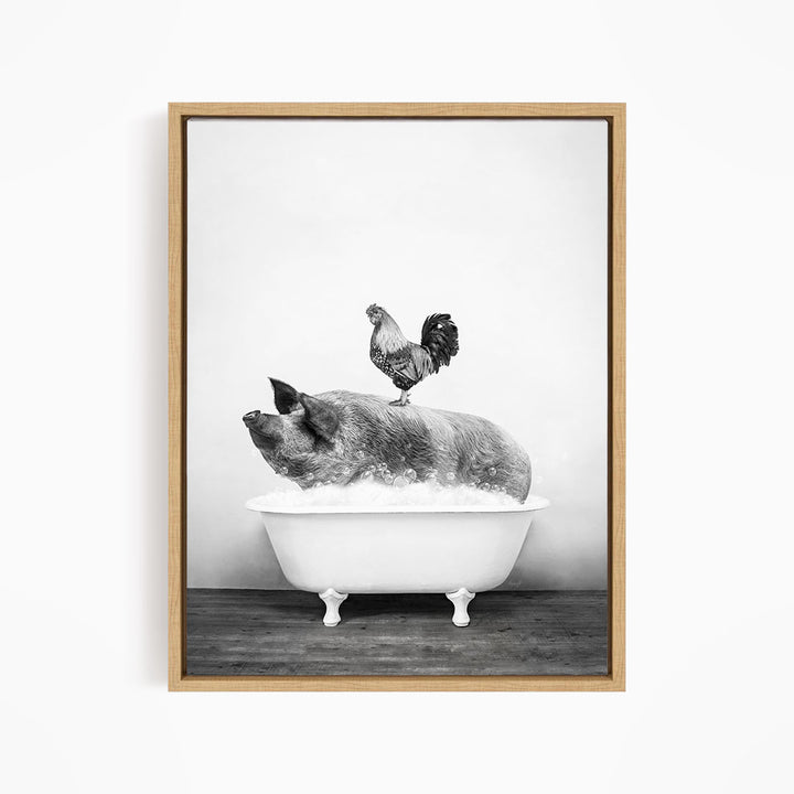 A rooster stands on a pig's back while the pig is submerged in a bathtub filled with water.